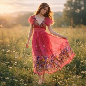 VTG Y2K Jessica Taylor‎ Pink Floral Midi Dress Boho Fairy Cottagecore M
